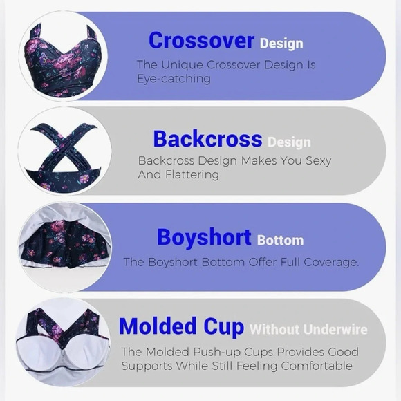 NWT Women’s One Piece Elegant Crossover Swim Dress Tummy Control & Under Shorts - Picture 7 of 7